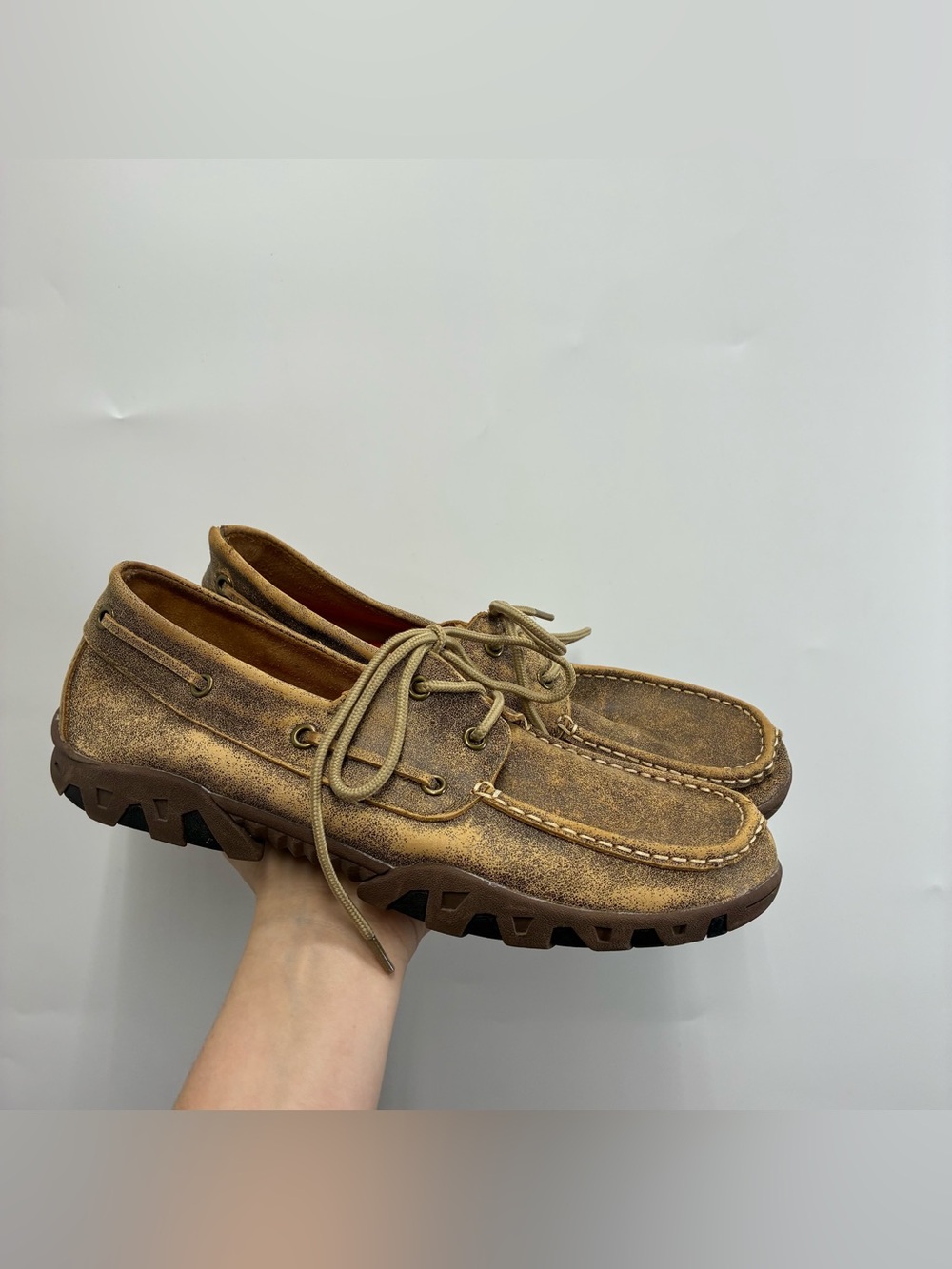 FERRINI MENS 9.5 LACED LOAFERS MOC TOE Tan Brown Lace Up Leather Slip On Cowboy